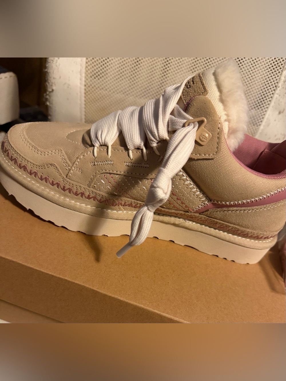 UGG lowmel Meadow Tan Sneakers with Pink Lining and White Laces - Picture 6 of 7
